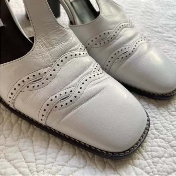 Vintage White Italian Leather T-strap Stacked Buckle Chunky Heel Shoes 36 - Picture 6 of 11